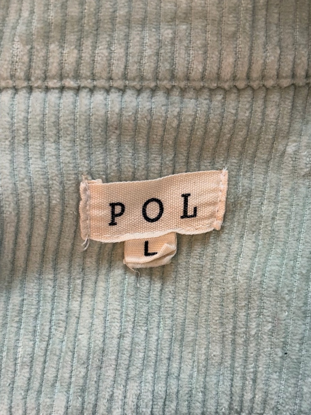 POL Corduroy Button Up Trucker Jacket Light Green Raw Hem Sz L - Picture 4 of 8